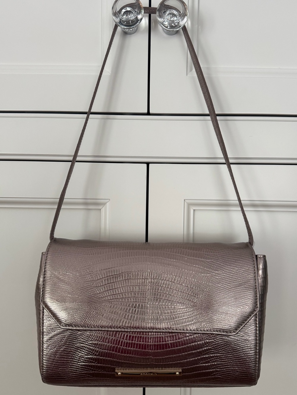 Brahmin Metallic Taupe Shoulder Bag with Lizard-Texture